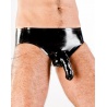 Latexový černý top s výstřihem a kovovým zdobením na prsou