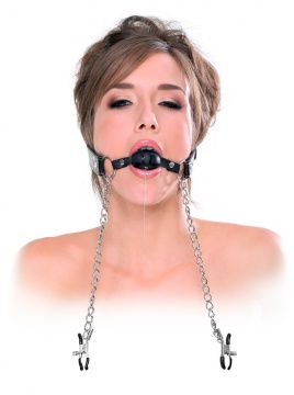 Roubík s klipsy na bradavky - deluxe ball gag