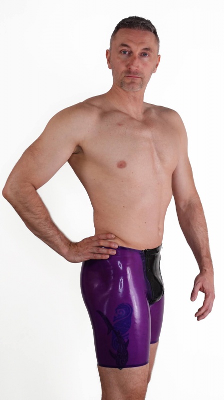 Latexové bermudy s dvěma zipy transparentní fialové