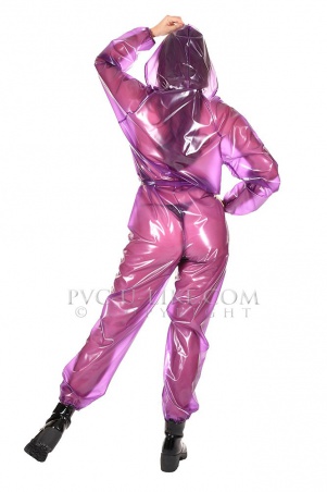 PVC catsuit s kapucí PURPLE SEMI TRANSPARENT