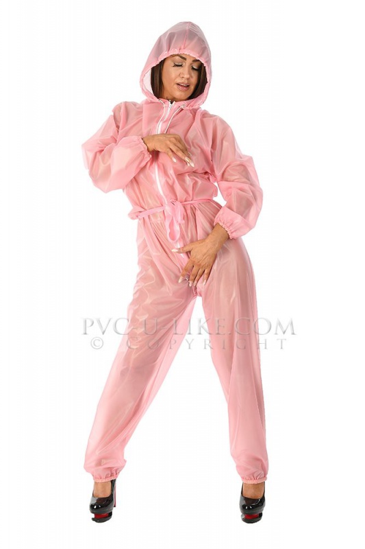 PVC catsuit s kapucí PINK SEMI TRANSPARENT