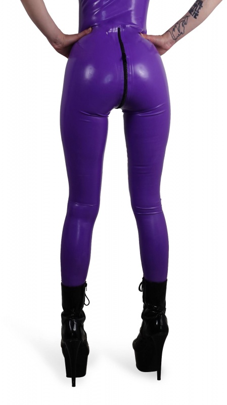 Latexový catsuit s třícestným zipem fialový
